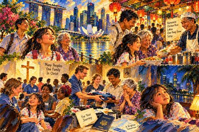 a painting of a group of people sitting at a table