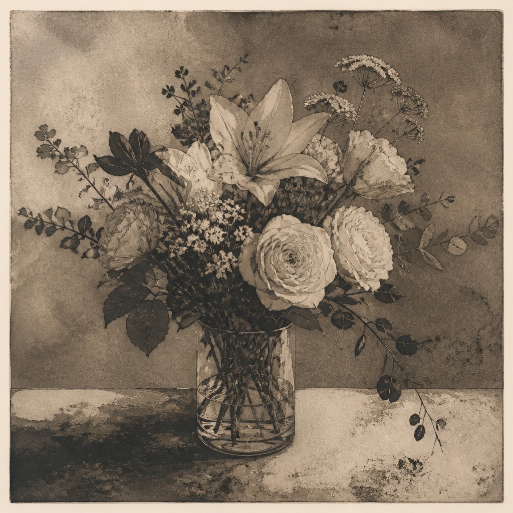 bouquet of flowers in a glass vase — Aquatint Print Style