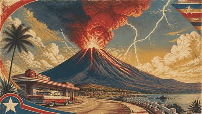 an erupting volcano with lightning strikes, dramatic wide composition, no text