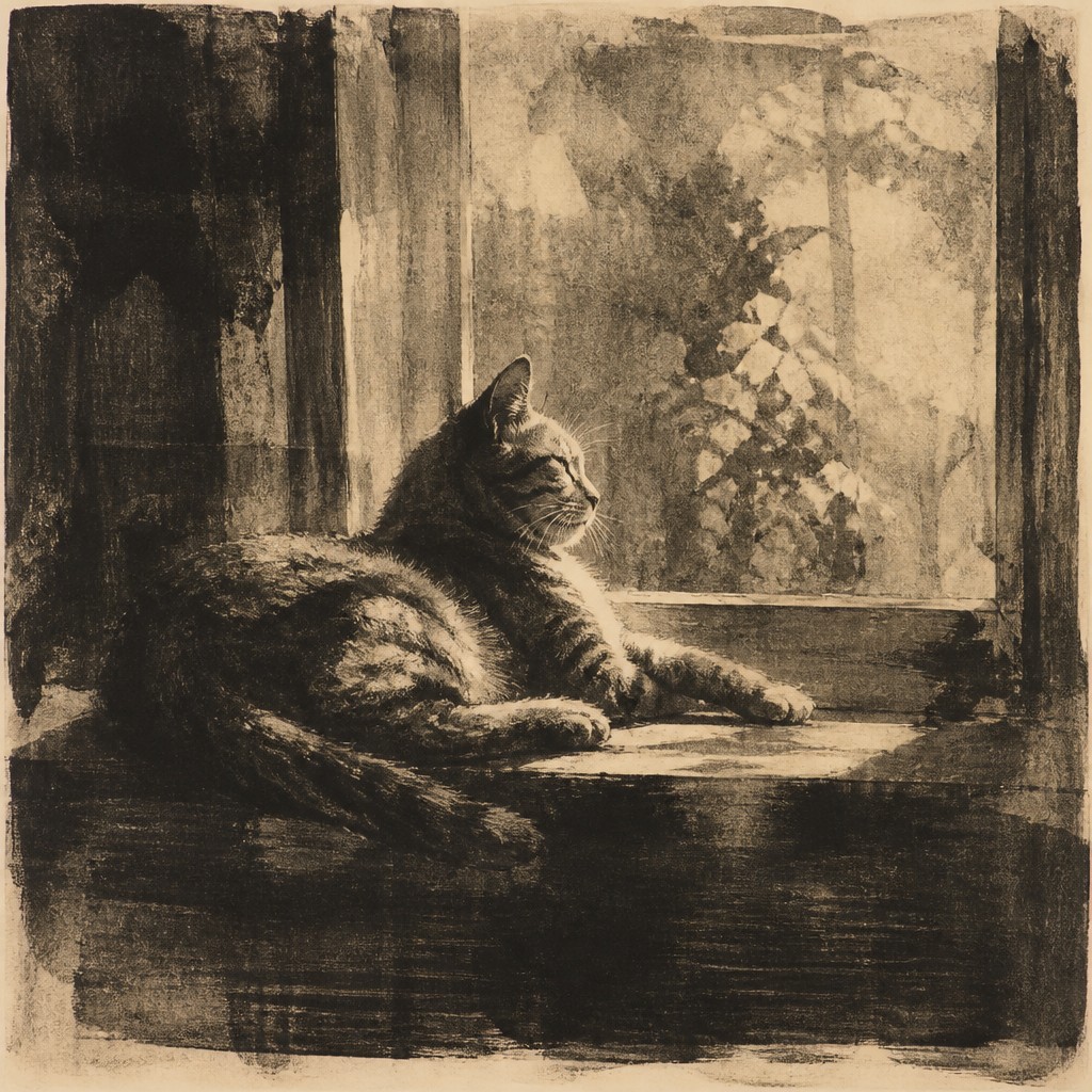 a cat lounging in a sunlit window — Monotype Print Style