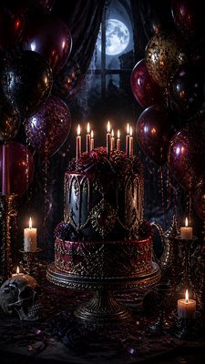 a birthday cake with lit candles surrounded by balloons and confetti, festive vertical composition, no text