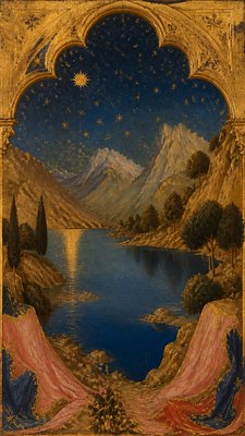a tranquil mountain lake beneath a starry night sky, no people, no text