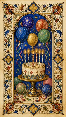 a birthday cake with lit candles surrounded by balloons and confetti, festive vertical composition, no text