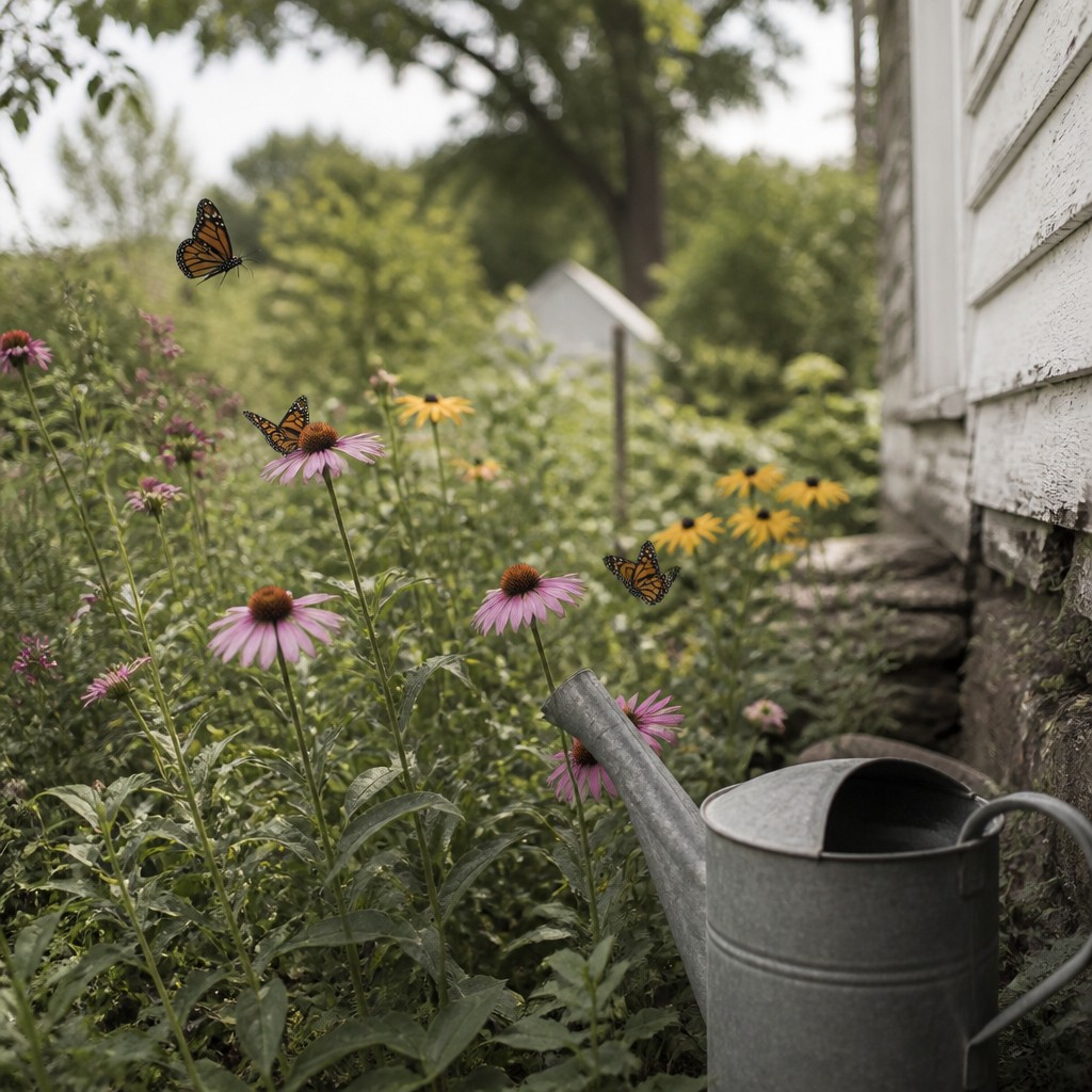a garden scene with butterflies, flowers and a watering can, clean uncolored line art, no text