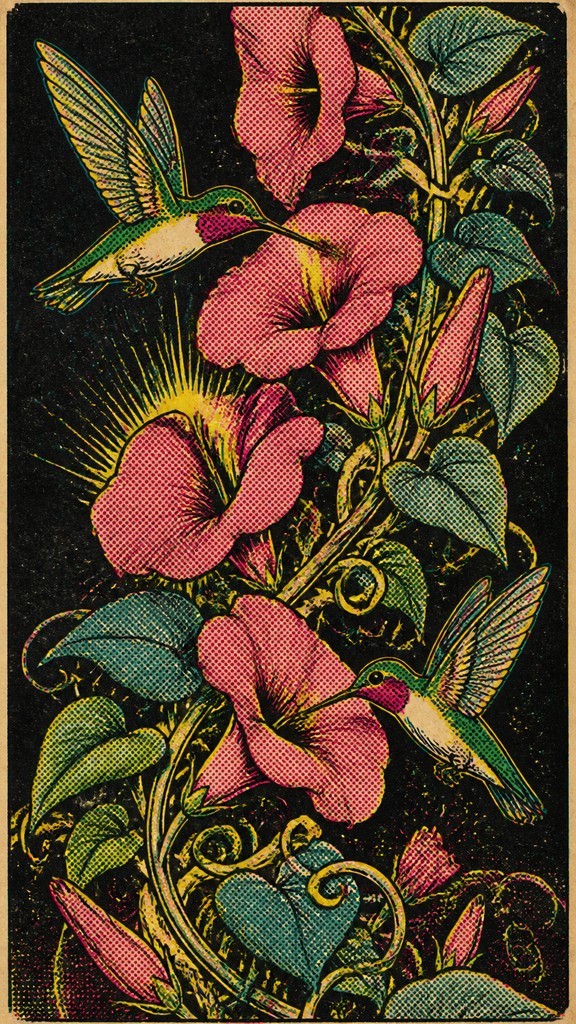 a climbing vine of flowers and hummingbirds on a dark background, tall wrapping composition, no text