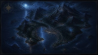 a map of an island realm with mountains, forests, a sheltered bay, sea monsters in the water and a compass rose, no text labels