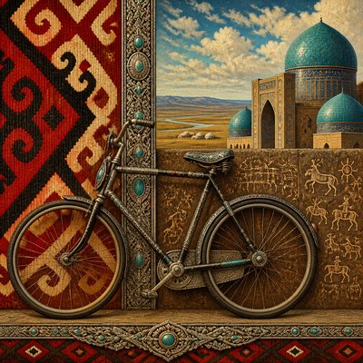 bicyle resting against a wall — Kazakh Art Style