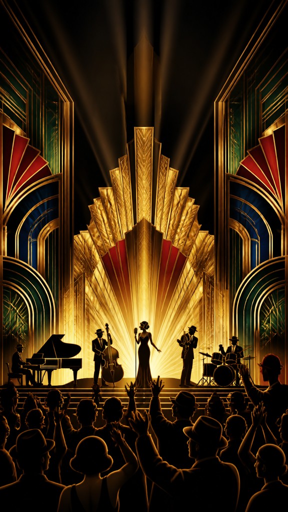 a live music scene with a glowing stage and silhouetted crowd, energetic vertical composition with open space at the top, no text