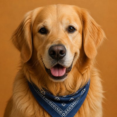 portrait of a golden retriever wearing a blue bandana, warm plain backdrop, no text