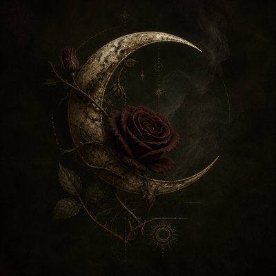a rose entwined with a crescent moon, clean balanced composition on a plain background, no text
