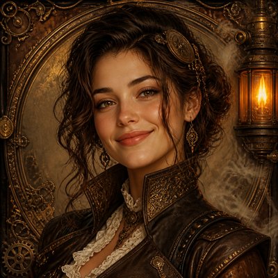 head-and-shoulders portrait of an original character: a young woman with wavy chestnut hair and a warm smile, plain soft backdrop