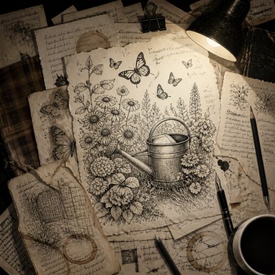 a garden scene with butterflies, flowers and a watering can, clean uncolored line art, no text