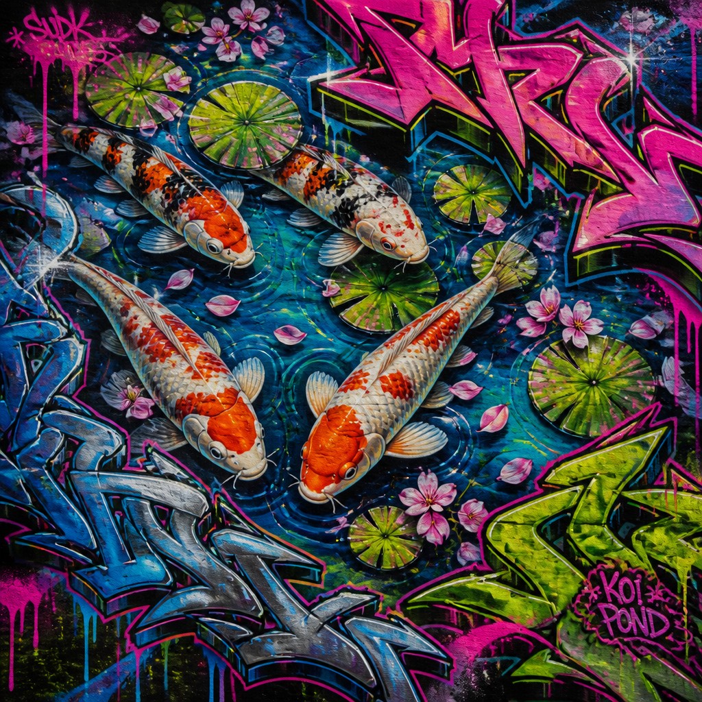 A koi pond seen from above, orange and white koi fish swimming among lily pads, clear water with subtle ripples, fallen cherry blossom petals floating on the surface, dappled sunlight
