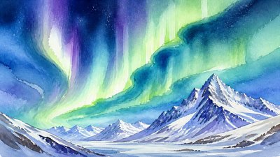 a flowing aurora over snowy peaks, wide sweeping composition, no people, no text