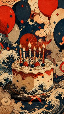 a birthday cake with lit candles surrounded by balloons and confetti, festive vertical composition, no text