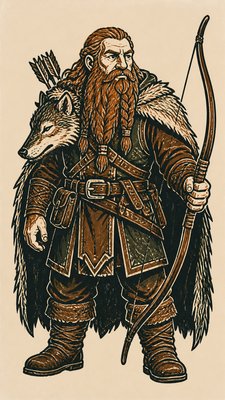 full-body original character: a dwarven ranger with a braided auburn beard, worn leather armor, a longbow and a wolf-pelt cloak, neutral background, no text