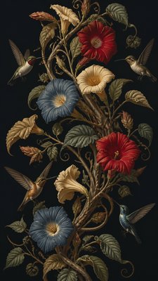 a climbing vine of flowers and hummingbirds on a dark background, tall wrapping composition, no text