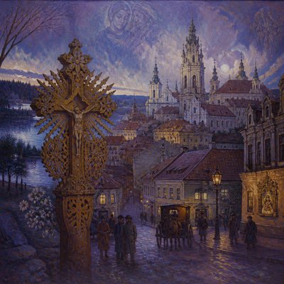 urban street with city activity — Lithuanian Art Style