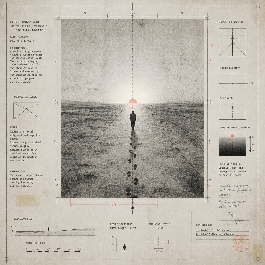 a solitary figure walking toward a glowing horizon across an empty plain, moody atmosphere, no text or lettering