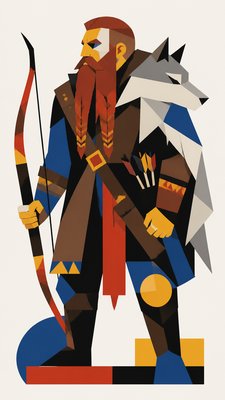 full-body original character: a dwarven ranger with a braided auburn beard, worn leather armor, a longbow and a wolf-pelt cloak, neutral background, no text
