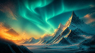 a flowing aurora over snowy peaks, wide sweeping composition, no people, no text