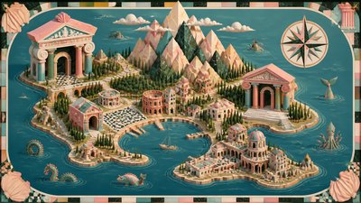 a map of an island realm with mountains, forests, a sheltered bay, sea monsters in the water and a compass rose, no text labels