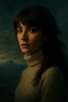 a painting of a woman in a turtle neck sweater