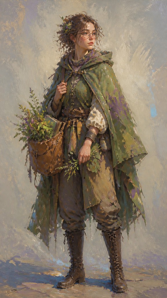 full-body original character: a wandering botanist with a satchel of plants, a patched green cloak, tall boots and round glasses, neutral background
