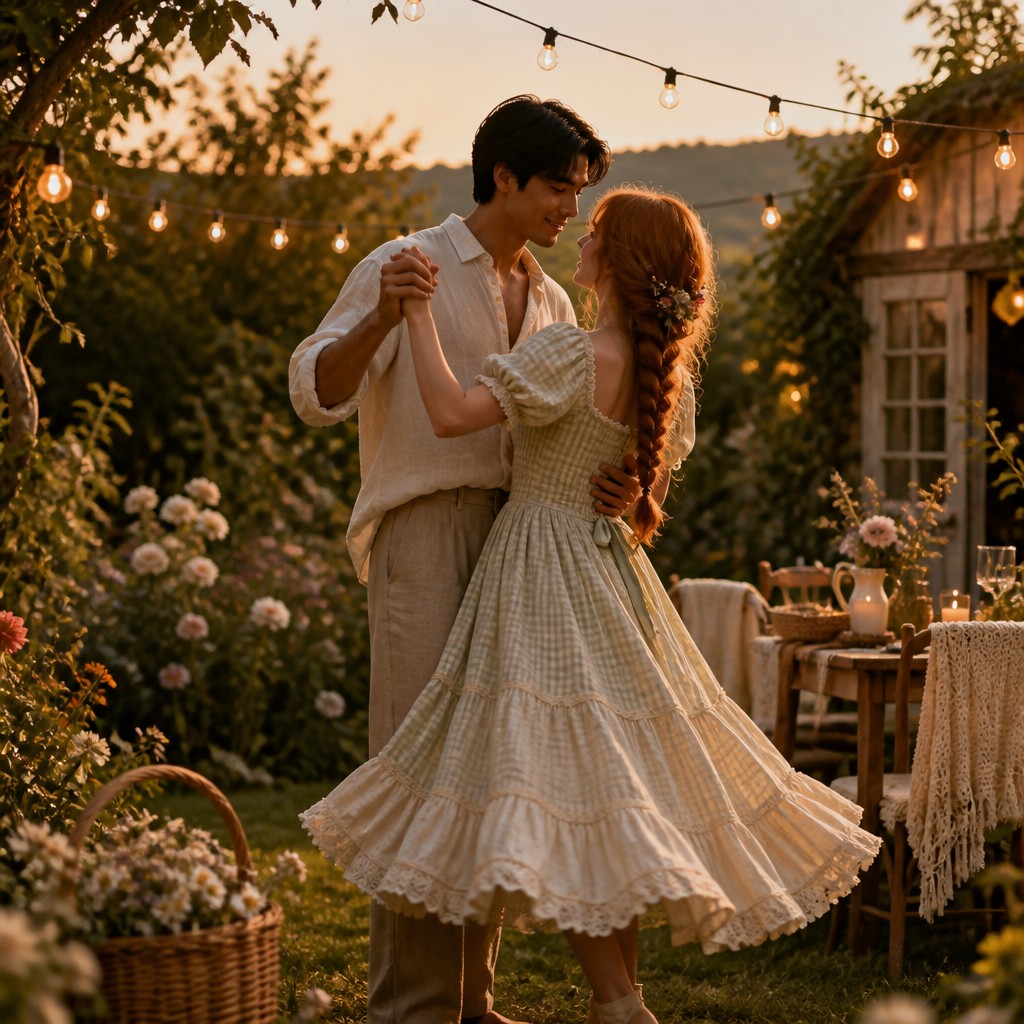 an original couple dancing under string lights in a garden at dusk: a man with short black hair in a linen shirt and a woman with braided red hair in a summer dress