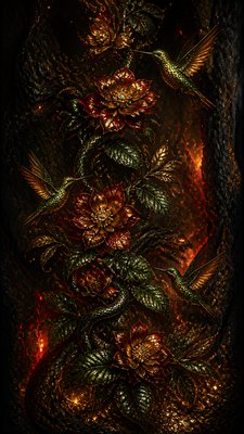 a climbing vine of flowers and hummingbirds on a dark background, tall wrapping composition, no text