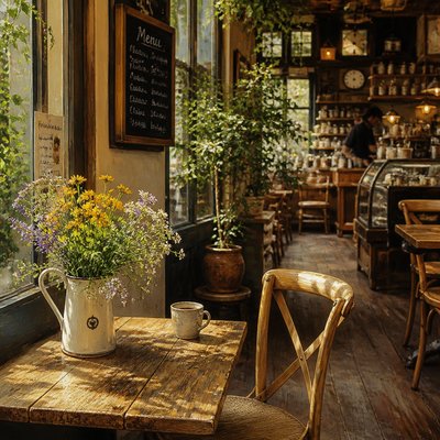 cozy cafe interior with warm lighting