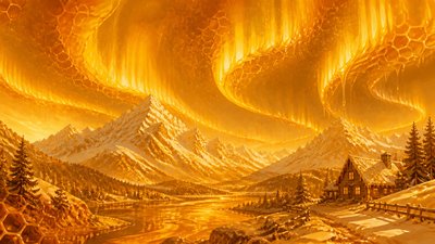 a flowing aurora over snowy peaks, wide sweeping composition, no people, no text