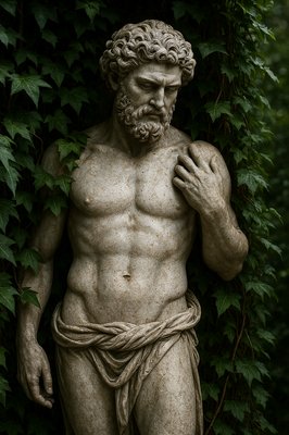 a statue of a man standing next to a bush