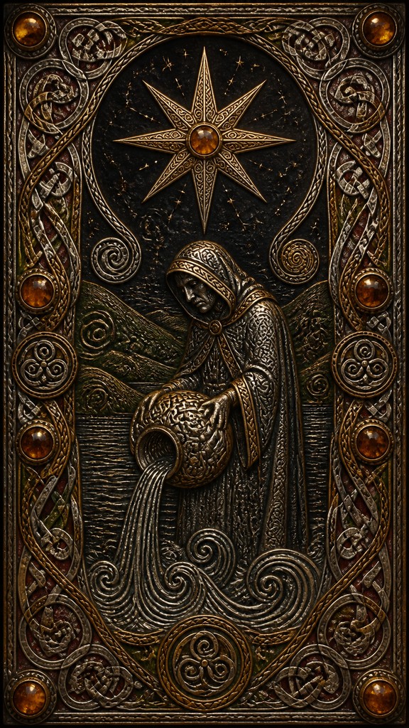 a robed figure pouring water beneath a large eight-pointed star in a night sky, symmetrical composition with an ornate decorative border, no text