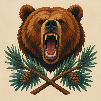 a roaring bear head above crossed pine branches, bold graphic composition on a plain background, no text