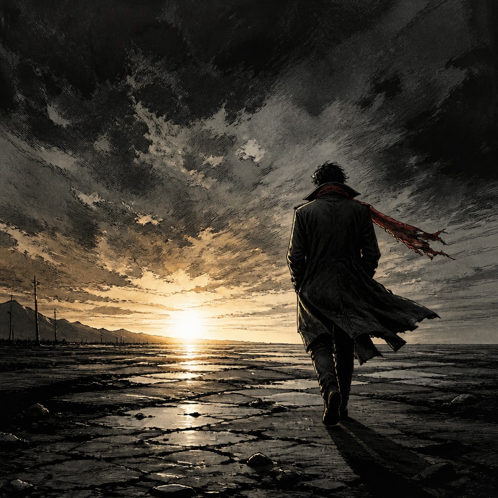 a solitary figure walking toward a glowing horizon across an empty plain, moody atmosphere, no text or lettering