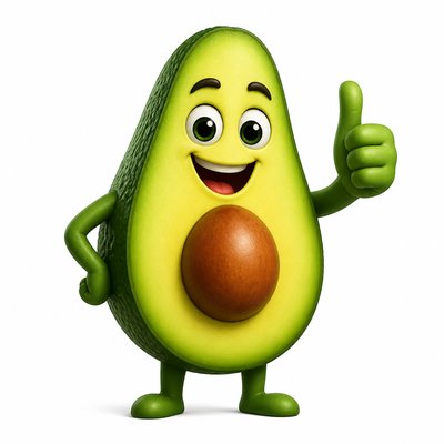 a happy avocado character giving a thumbs up, bold readable design on a plain background, no text