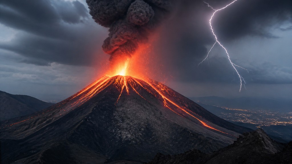 an erupting volcano with lightning strikes, dramatic wide composition, no text