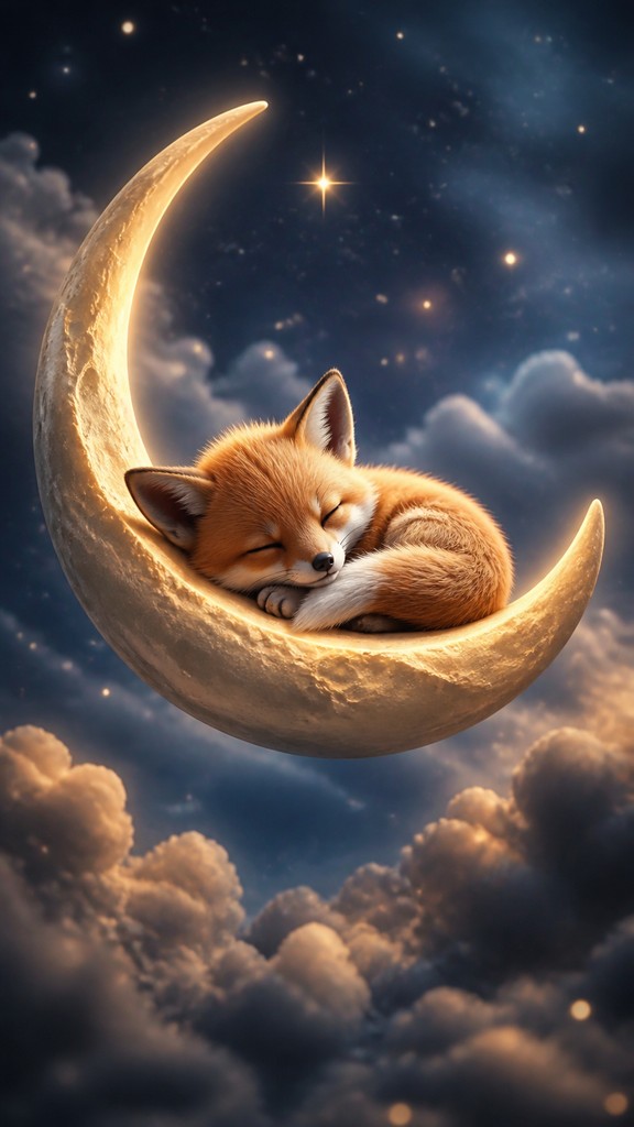 a sleeping baby fox curled on a crescent moon among soft stars, gentle and warm, no text