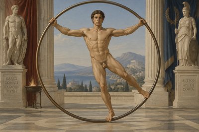 front view of ancient greek ignudi athlete doing cyr wheel exercise 