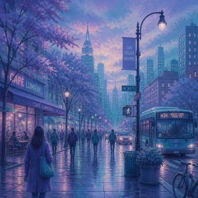 urban street with city activity — Analogous Colors Art Style