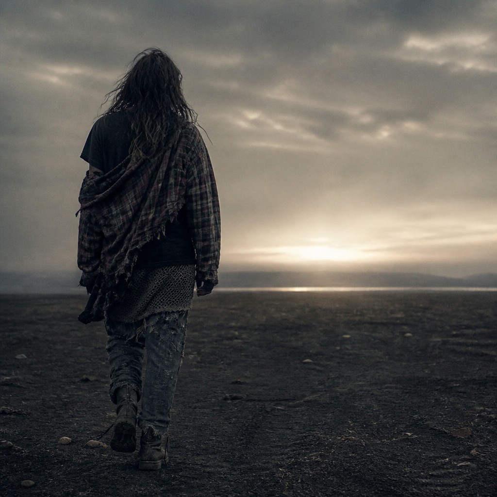 a solitary figure walking toward a glowing horizon across an empty plain, moody atmosphere, no text or lettering