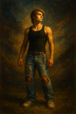 a painting of a man with ripped jeans