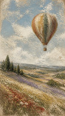 a hot air balloon drifting over rolling flower fields on a sunny day, cheerful, no text