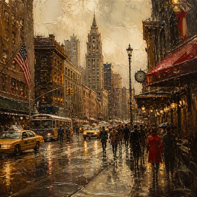 urban street with city activity — Oil Painting Art Style