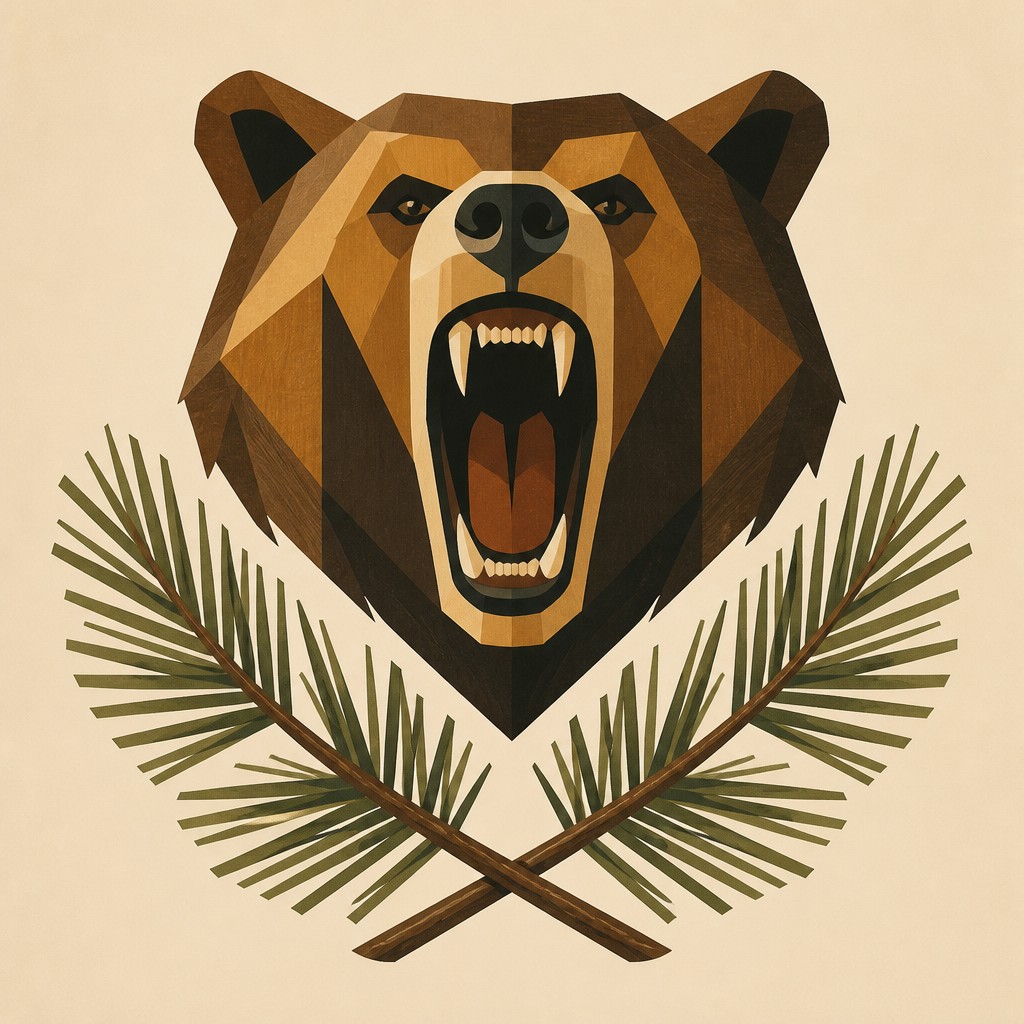 a roaring bear head above crossed pine branches, bold graphic composition on a plain background, no text