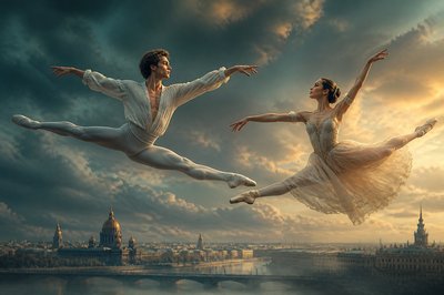 male and female ballet dancers leaping midair