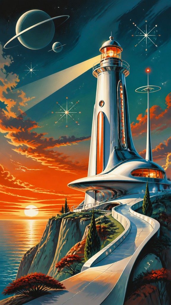 a lone lighthouse on a cliff at dusk under a dramatic sky, no text or lettering