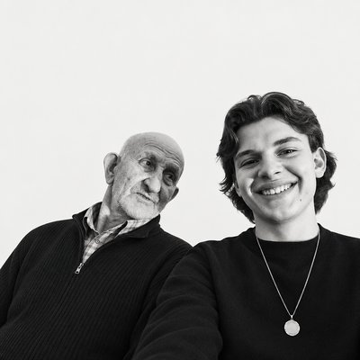 a black and white photo of two people