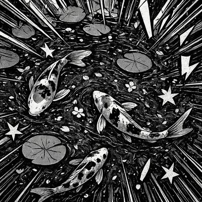 A koi pond seen from above, orange and white koi fish swimming among lily pads, clear water with subtle ripples, fallen cherry blossom petals floating on the surface, dappled sunlight